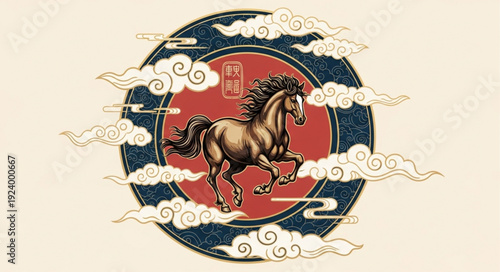 Traditional Chinese horse illustration with clouds and circular motif.