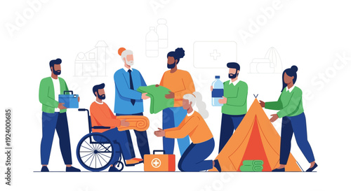 Diverse Volunteers Providing Humanitarian Aid and Disaster Relief, Distributing Essential Supplies and Setting Up Shelter in a Community Support Effort
