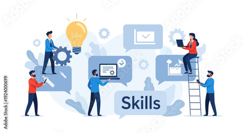 Skills Development and Professional Growth Concept. Business Team Collaboration, Digital Learning, and Idea Generation for Professional Success.