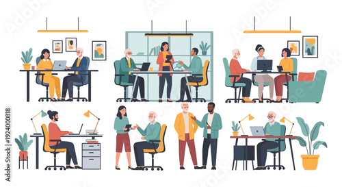 Diverse Business Teams and Senior Professionals Collaborating in Modern Office Environments - Flat Vector Illustrations