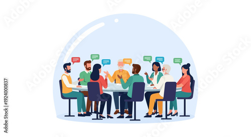 Diverse Team Collaboration and Brainstorming Meeting Illustration with Speech Bubbles for Business Communication and Discussion