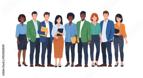 Diverse Professional Business Team Standing Illustration. Multi-ethnic group of colleagues representing corporate collaboration, unity, and a global workforce.