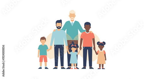 Diverse Multi-Generational Family Holding Hands: Grandfather, Two Fathers, and Children - Inclusive Modern Flat Vector Illustration
