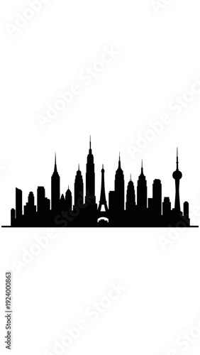 Black silhouette of city skyline buildings.
