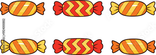 Colorful wrapped candy collection with striped and zigzag patterns sweet confectionery cartoon vector illustration set