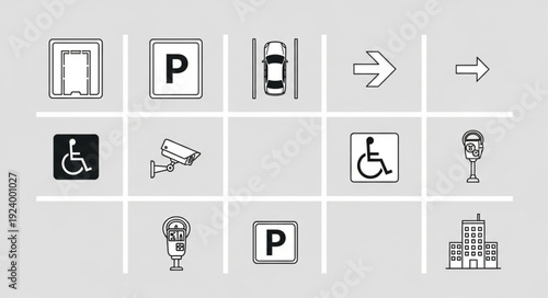 Collection of various parking and accessibility signs for public guidance and information.