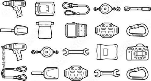 A collection of tools and equipment, featuring various hand tools and equipment, essential elements in the creation of visual content, all arranged in a striking, clean monochrome display.