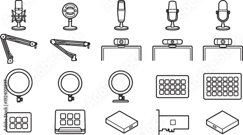 Set of minimalist design equipment icons in black and white, representing streaming and podcasting tools.