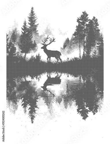 Deer halftone dither silhouette illustration beside forest lake with mirrored woodland reflection