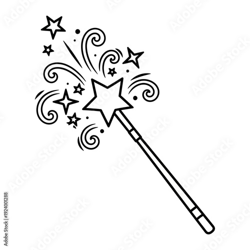 A black and white drawing of a magic wand with stars
