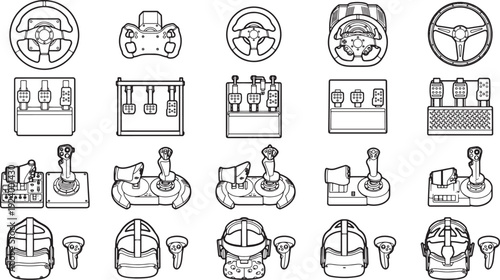 Gaming gear collection, showcasing steering wheels, flight sticks, pedals, and VR headsets, highlighting technology and interactive gaming experiences.