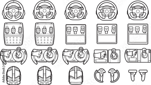 An illustration of various racing game accessories and equipment, steering wheels, gear shifters, joysticks, all in simple black line art, suitable for digital projects.