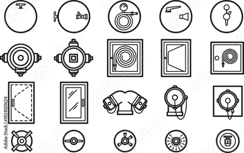 An assortment of essential fire safety equipment, meticulously designed in an illustrative style, ensuring building safety. 