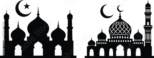 Islamic mosque silhouette set with crescent moon and star isolated on white background vector illustration