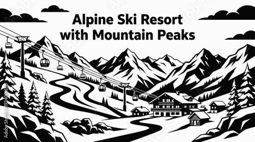alpine ski resort with snowy mountain peaks cable lift and ski slopes detailed winter landscape representing winter sport adventure tourism and outdoor activity experience
