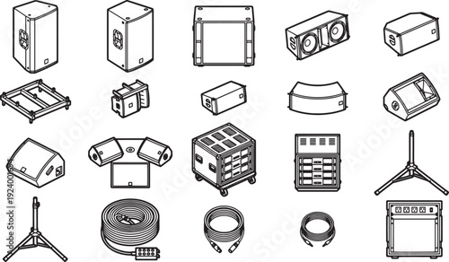 Detailed illustration of a collection of sound system equipment, presented in a neatly organized array, perfect for music lovers and professionals.