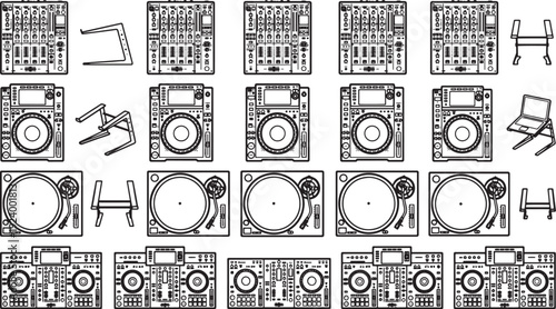 DJ equipment collection of various mixers, turntables, and sound systems, meticulously arranged in a high-contrast monochromatic design.
