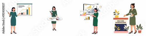 Corporate businesswoman managing finances, delivering presentations, and welcoming shareholders, illustrating business growth and professional engagement.