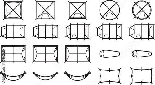 Diverse collection of tent silhouettes, ideal for outdoor travel, camping, and adventure themes. Simple, clean, and adaptable designs for various needs.