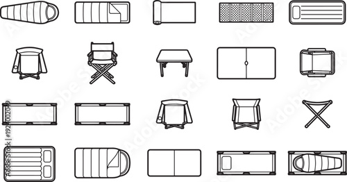 Collection of camping gear illustrations and equipment. The image showcase simple line art of essential items.  