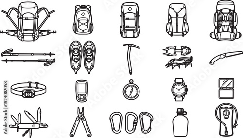 Essential Gear Collection for Outdoor Adventures. Featuring icons of backpacks, trekking poles, hiking boots, ice axe, crampons, knife, a belt, GPS device, compass, watch, a mirror, a multi-tool.
