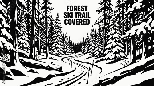 ski trail passing through a dense forest covered with fresh snow winter landscape representing peaceful skiing nature experience and winter outdoor recreation