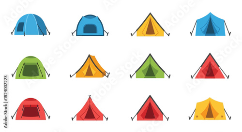 Colorful collection of cartoon tent icons in various shapes and hues