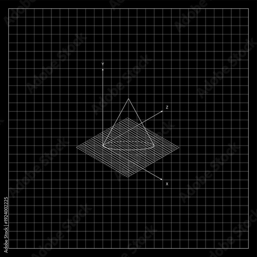 3D Geometric Shapes Wireframe On Blueprint Grid In XYZ Coordinate System. Simple Black And White Futuristic Background
