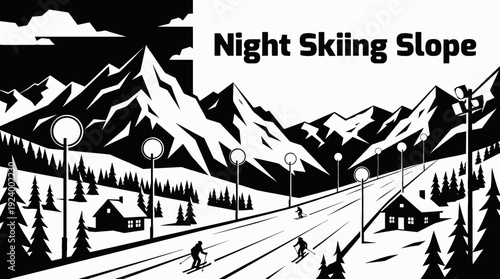 ski slope illuminated at night with lights in snowy mountains winter landscape representing night skiing adventure modern resort experience and winter sport activity
