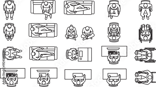 Top-Down Architectural Drawings of Individuals in Various Activities, with people icons showing different states.