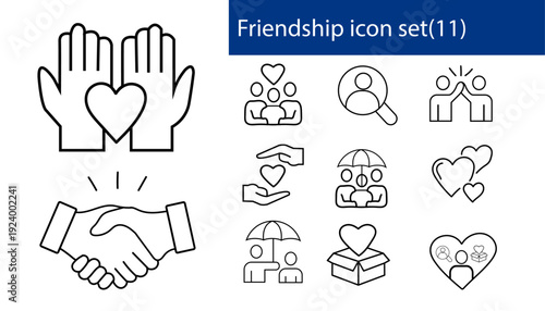 Friendship Line Icon Set, Handshake Love Care Support Symbols, Community and Relationship Outline Vector Collection