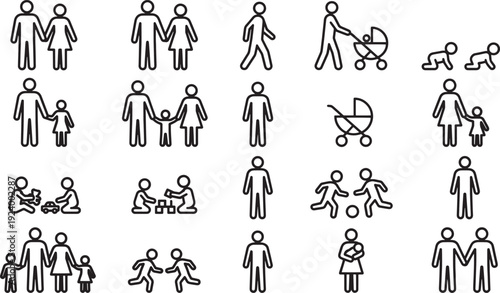 A collection of diverse family figures, from couples to single individuals, rendered in a simple graphic style. Depicting a spectrum of family structures and human activities.