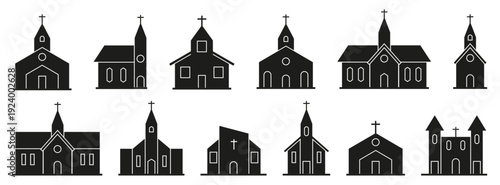 Church building silhouette collection in black. Religious architecture icons set. Christian temple symbols