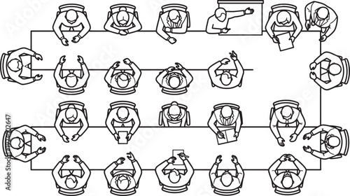 Business Meeting from a bird's eye view, a gathering of people in a meeting room, a comprehensive top-down view.