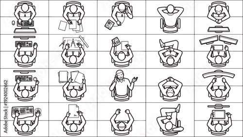 An overhead view of workspace setup and workstation, illustrating various office layouts.