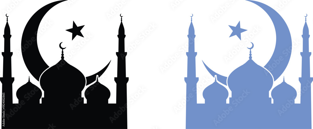 Fototapeta premium Islamic mosque silhouette with crescent moon and star in black and blue color variations vector illustration