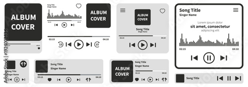 Music player interface mockup collection. Album cover and audio controls layout. Minimal monochrome UI set