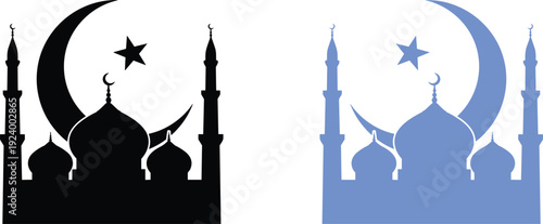 Islamic mosque silhouette with crescent moon and star in black and blue color variations vector illustration