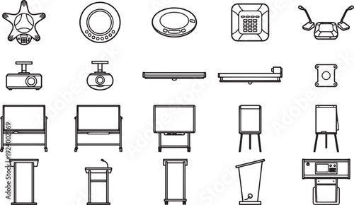 Diverse vector icon collection: capturing modern technology devices and office equipment.