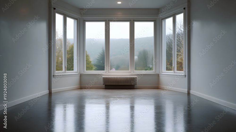 Fototapeta premium Empty room with bay window overlooking a misty landscape