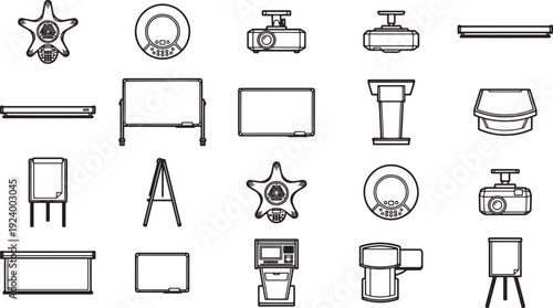 A comprehensive collection of business presentation and office equipment illustrations, ideal for visual communication and concept representation.