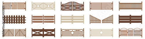 Wooden fence collection in flat style. Various garden and farm barrier designs. Outdoor construction set