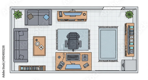 Detailed top-down view of a modern living space with furniture arrangement.