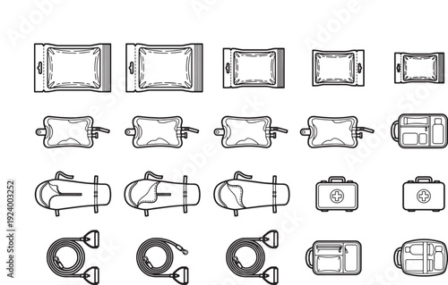 Line art depicts a comprehensive collection of diverse luggage variations with varied shapes and sizes, presented in an organized grid formation. 