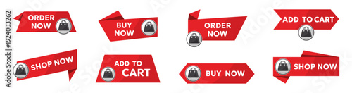 Order and shop now banner collection in red. Online shopping call to action labels. Ecommerce marketing set