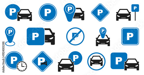 Parking sign and car icon collection. Blue transport symbols for urban navigation. Road information set