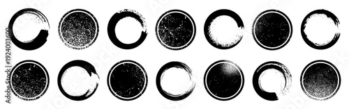 Round grunge frame collection with ink texture. Circular stamp borders in black style. Vintage distressed set