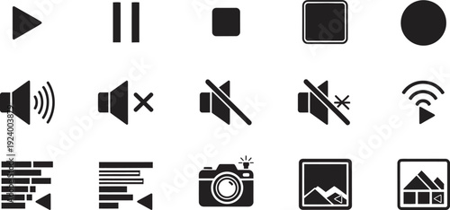 Collection of black and white media control and playback icons
