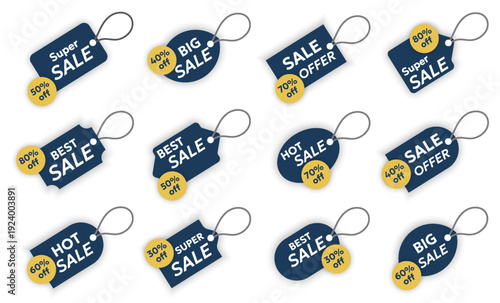 Sale price tags collection with discount badges. Promotional retail labels in blue style. Marketing elements isolated