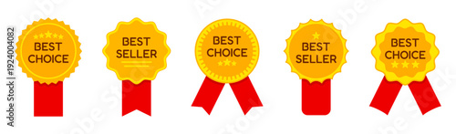Best choice badge collection in gold and red. Premium seller award labels set. Marketing emblem elements
